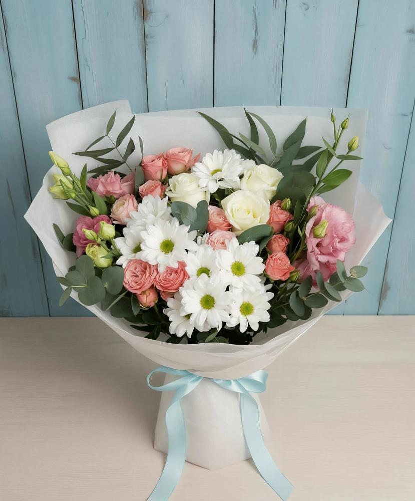 Букет цветов из: Розы, Лизиантусы и Хризантемы в Гамово