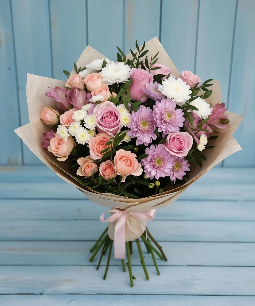 Букет цветов из: Хризантемы, Розы и Альстромерии в Гамово