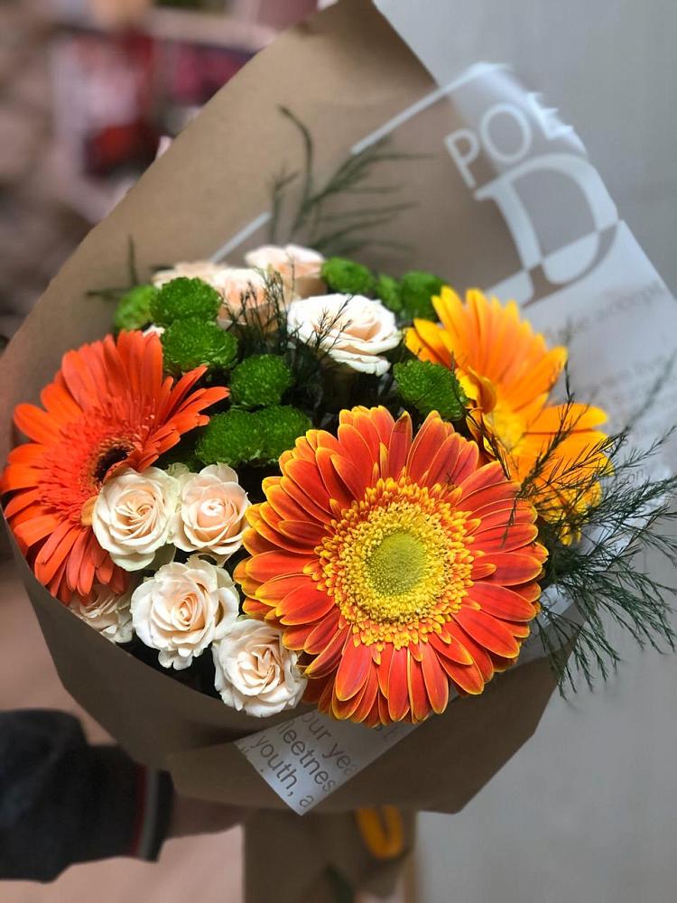 Букет цветов из: Герберы, Хризантемы и Розы в Гамово
