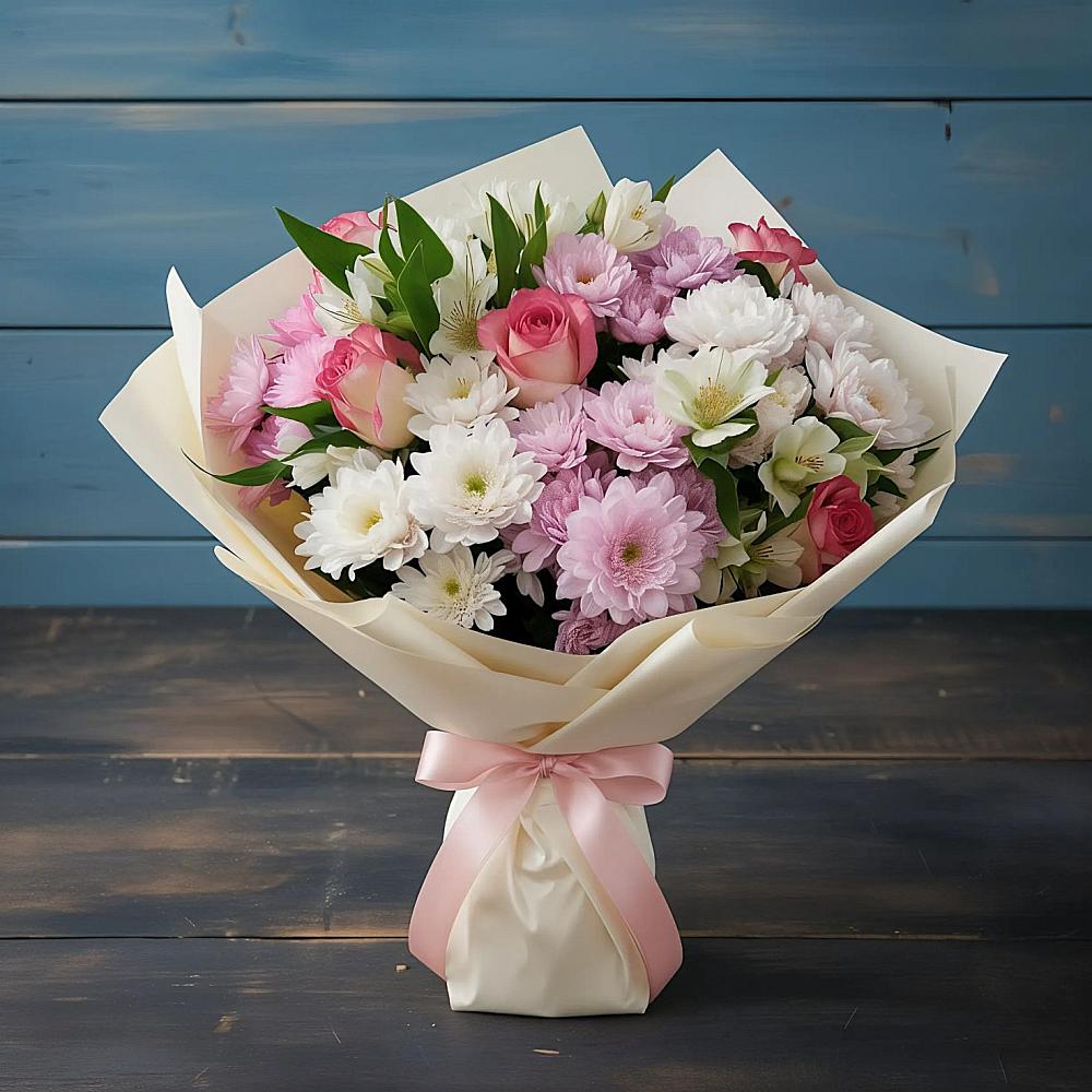 Букет цветов из: Хризантемы, Альстромерии и Розы в Гамово